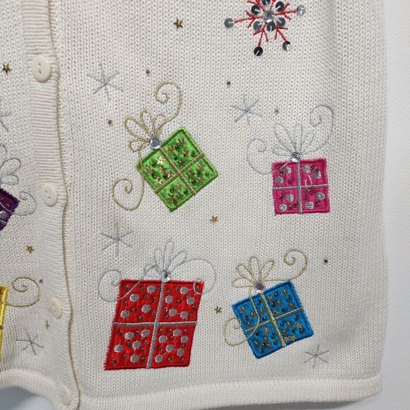 Vintage Kim Rogers Christmas Sweater Vest Size L Ivory Snowflake Gifts Sequin - Picture 8 of 12